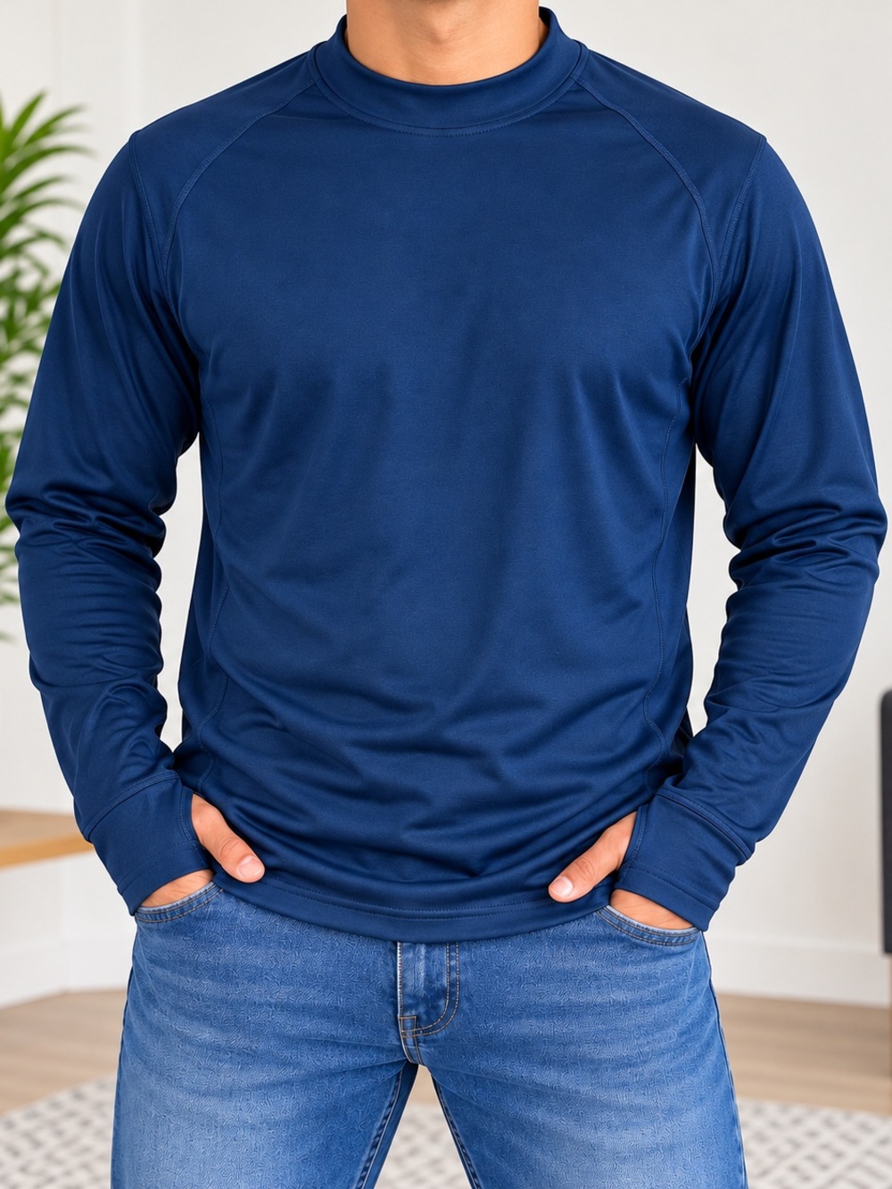 Navy Blue Fleece Lined Pullover Long Sleeve Shirt Size XL